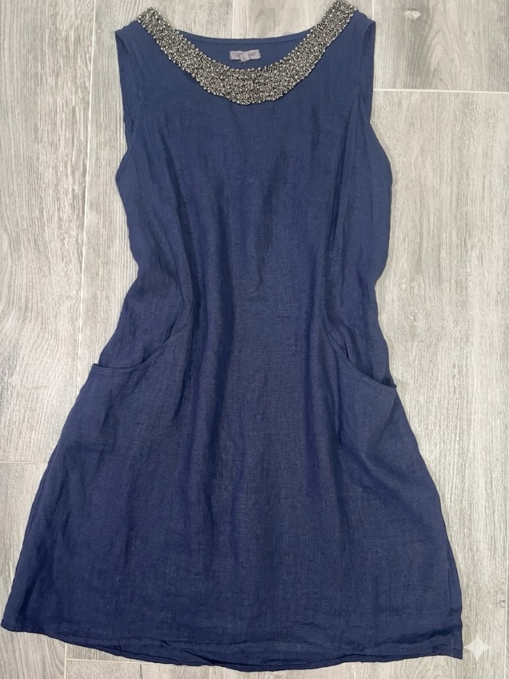 Lina Tomei Navy Italian Linen Knit Panel Stretch Dress L Lagenlook Italy Pockets